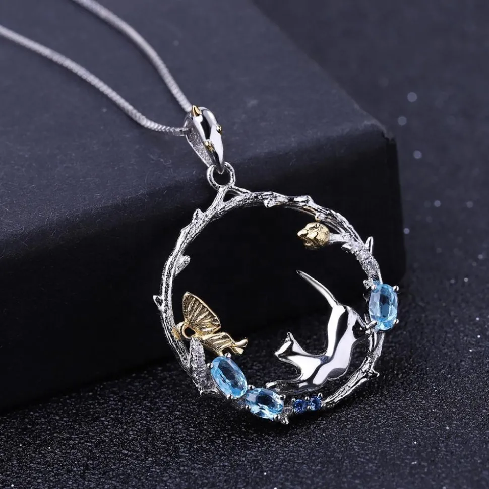 Cat and Butterfly Fine Sterling Silver Jewelry, Genuine Gemstone-Necklace, Earrings, Ring or SET