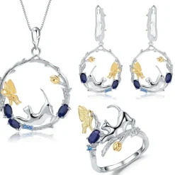 Cat and Butterfly Fine Sterling Silver Jewelry, Genuine Gemstone-Necklace, Earrings, Ring or SET