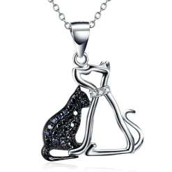Cat and Dog Necklace and Paw Heart Ring in Sterling Silver with Black & White Cubic Zirconia, Adorable!