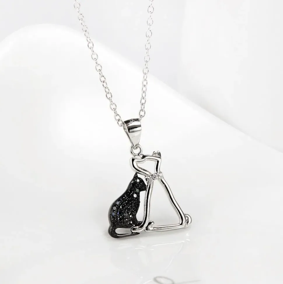 Cat and Dog Necklace and Paw Heart Ring in Sterling Silver with Black & White Cubic Zirconia, Adorable!