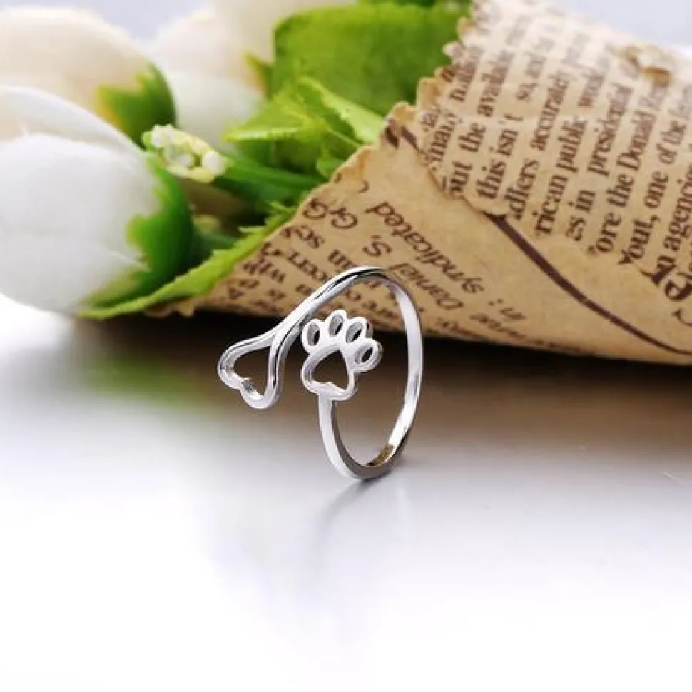 Cat and Dog Necklace and Paw Heart Ring in Sterling Silver with Black & White Cubic Zirconia, Adorable!