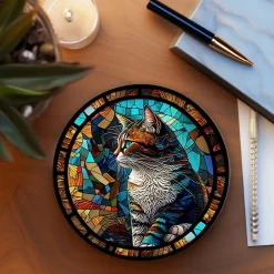 Cat Coaster with Stained Glass Motif, Eco-Friendly Ceramic