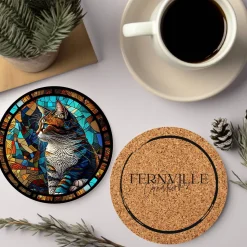 Cat Coaster with Stained Glass Motif, Eco-Friendly Ceramic