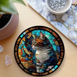 Cat Coaster with Stained Glass Motif, Eco-Friendly Ceramic