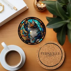 Cat Coaster with Stained Glass Motif, Eco-Friendly Ceramic