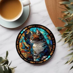 Cat Coaster with Stained Glass Motif, Eco-Friendly Ceramic