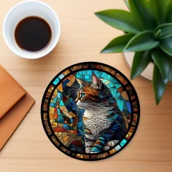 Cat Coaster with Stained Glass Motif, Eco-Friendly Ceramic