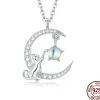 Cat in Moon Reaching for Star Necklace 925 Sterling Silver 18" adj. Chain