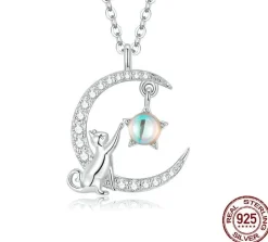 Cat in Moon Reaching for Star Necklace 925 Sterling Silver 18" adj. Chain
