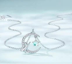 Cat in Moon Reaching for Star Necklace 925 Sterling Silver 18" adj. Chain