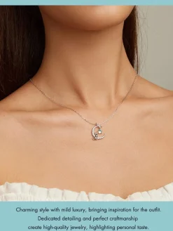 Cat in Moon Reaching for Star Necklace 925 Sterling Silver 18