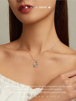 Cat in Moon Reaching for Star Necklace 925 Sterling Silver 18