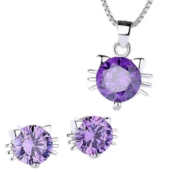 Cat Necklace, Ring and Earrings SET-Purple or Clear CZ in 925 Silver-Adorable!