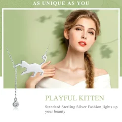 Cat Necklace Sterling SIlver with CZ Ball Adjustable 18" Chain