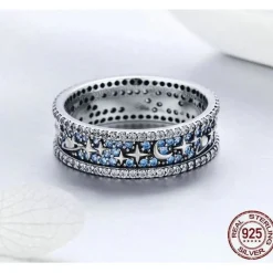 Celestial Galaxy Ring with Blue CZ, Glittering Moon, Stars and Planets on Your Finger!