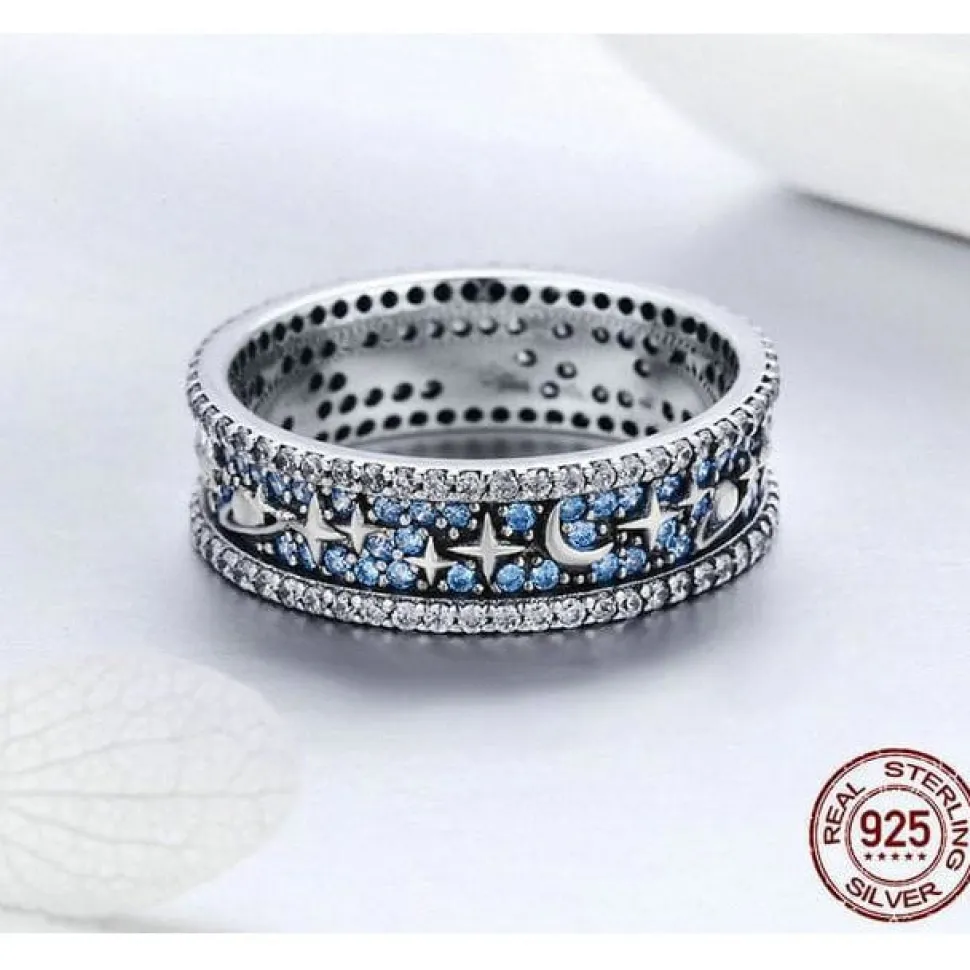 Celestial Galaxy Ring with Blue CZ, Glittering Moon, Stars and Planets on Your Finger!