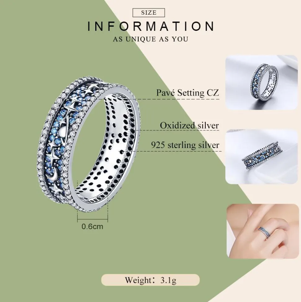 Celestial Galaxy Ring with Blue CZ, Glittering Moon, Stars and Planets on Your Finger!