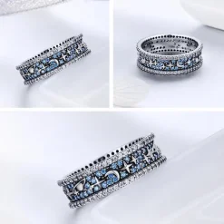 Celestial Galaxy Ring with Blue CZ, Glittering Moon, Stars and Planets on Your Finger!