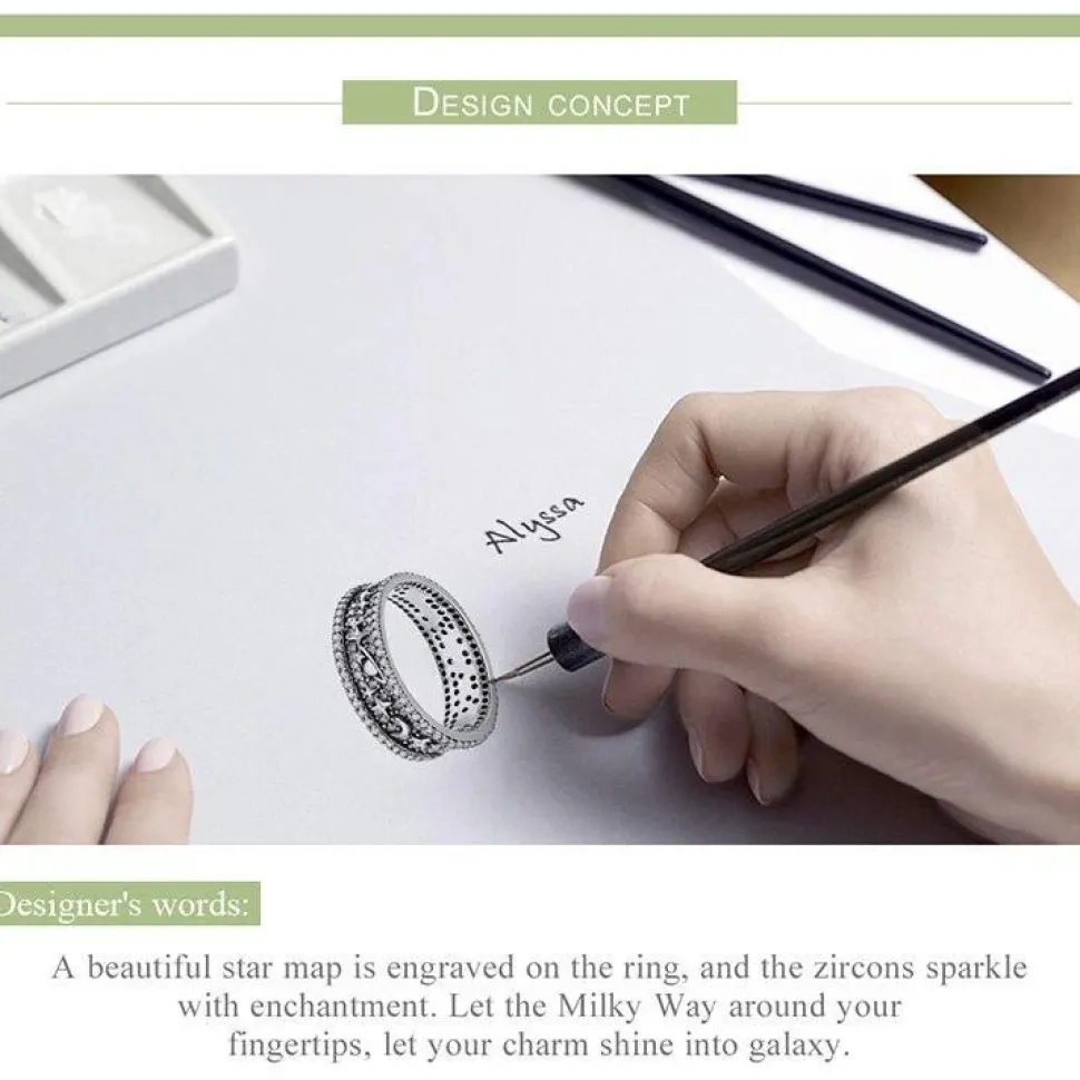 Celestial Galaxy Ring with Blue CZ, Glittering Moon, Stars and Planets on Your Finger!