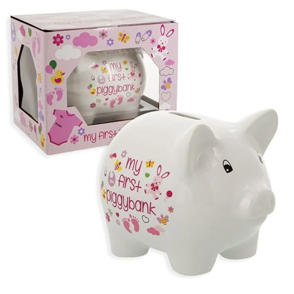 Ceramic Piggy Bank for Boys and Girls 5" Pink or Blue and White *