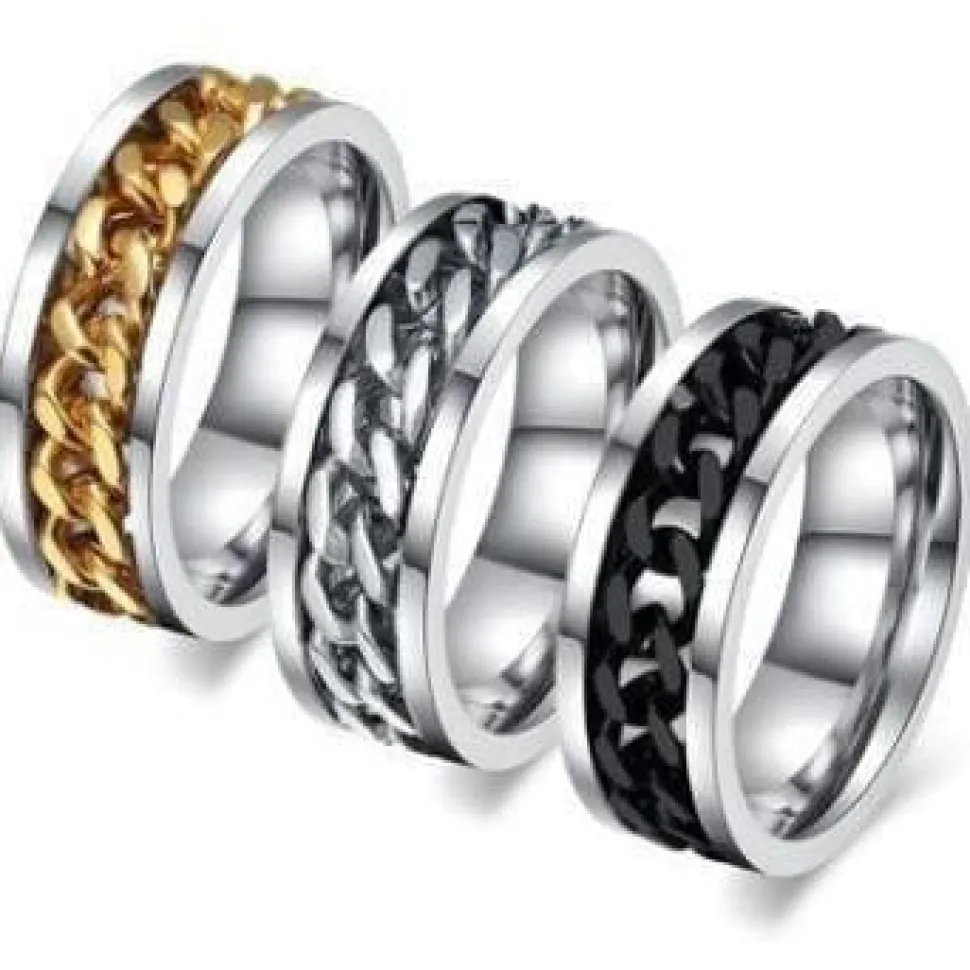 Chain Spinner Ring-Stainless Steel & Titanium Chain Spinner Inset in Gold, Silver or Black Color