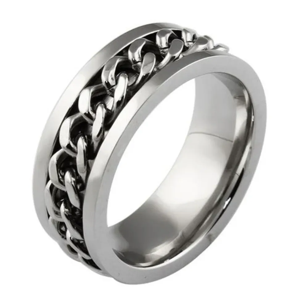 Chain Spinner Ring-Stainless Steel & Titanium Chain Spinner Inset in Gold, Silver or Black Color