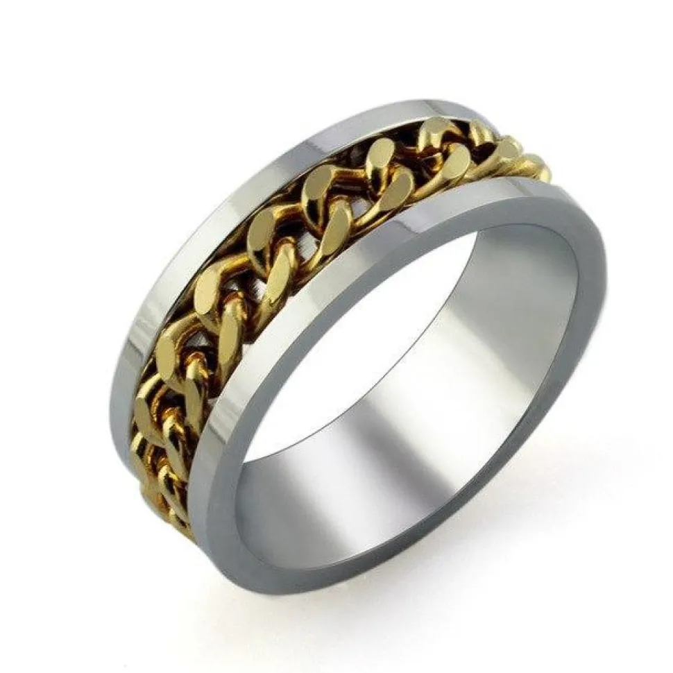 Chain Spinner Ring-Stainless Steel & Titanium Chain Spinner Inset in Gold, Silver or Black Color