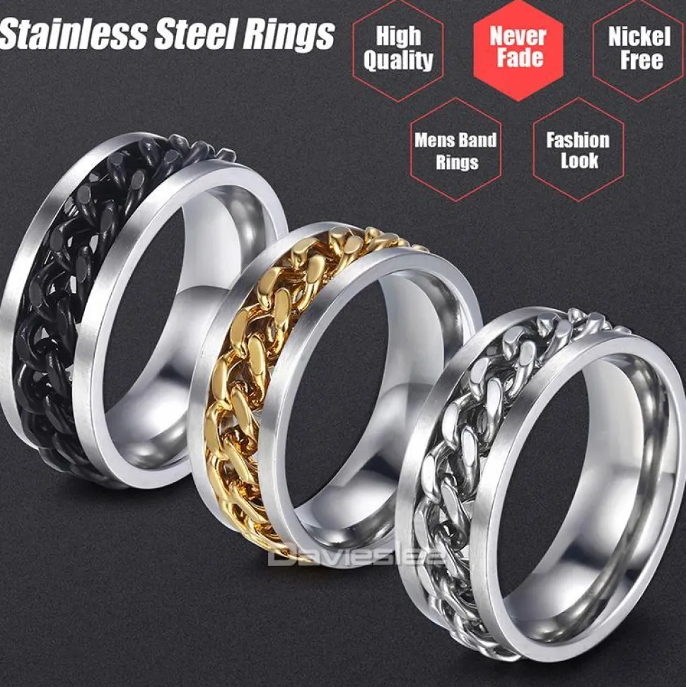 Chain Spinner Ring-Stainless Steel & Titanium Chain Spinner Inset in Gold, Silver or Black Color