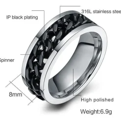 Chain Spinner Ring-Stainless Steel & Titanium Chain Spinner Inset in Gold, Silver or Black Color