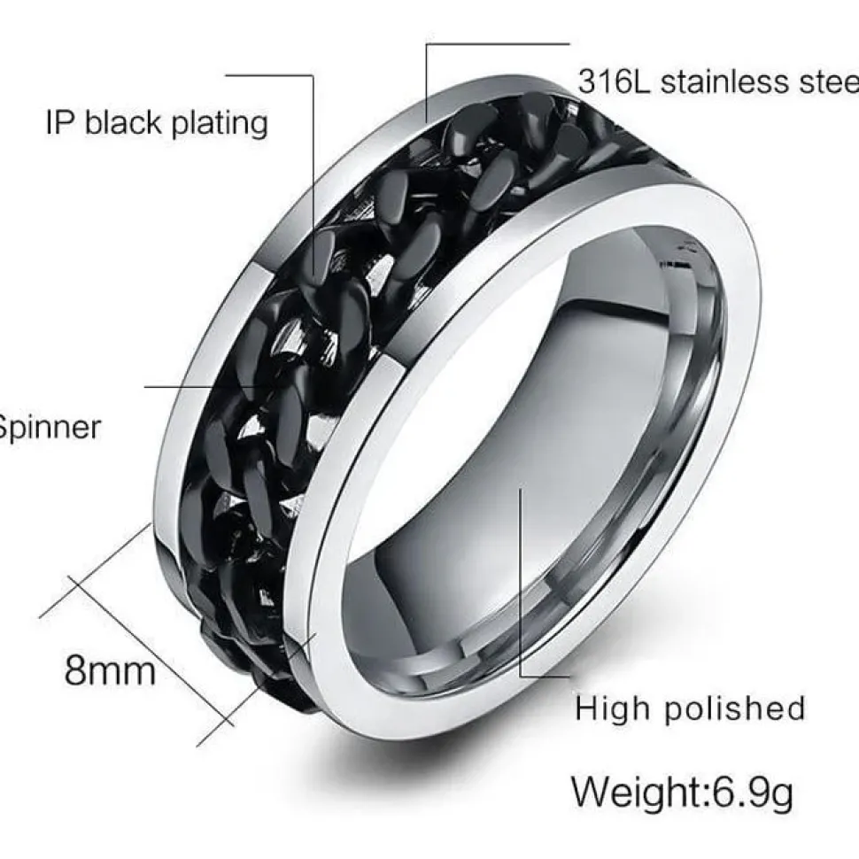 Chain Spinner Ring-Stainless Steel & Titanium Chain Spinner Inset in Gold, Silver or Black Color