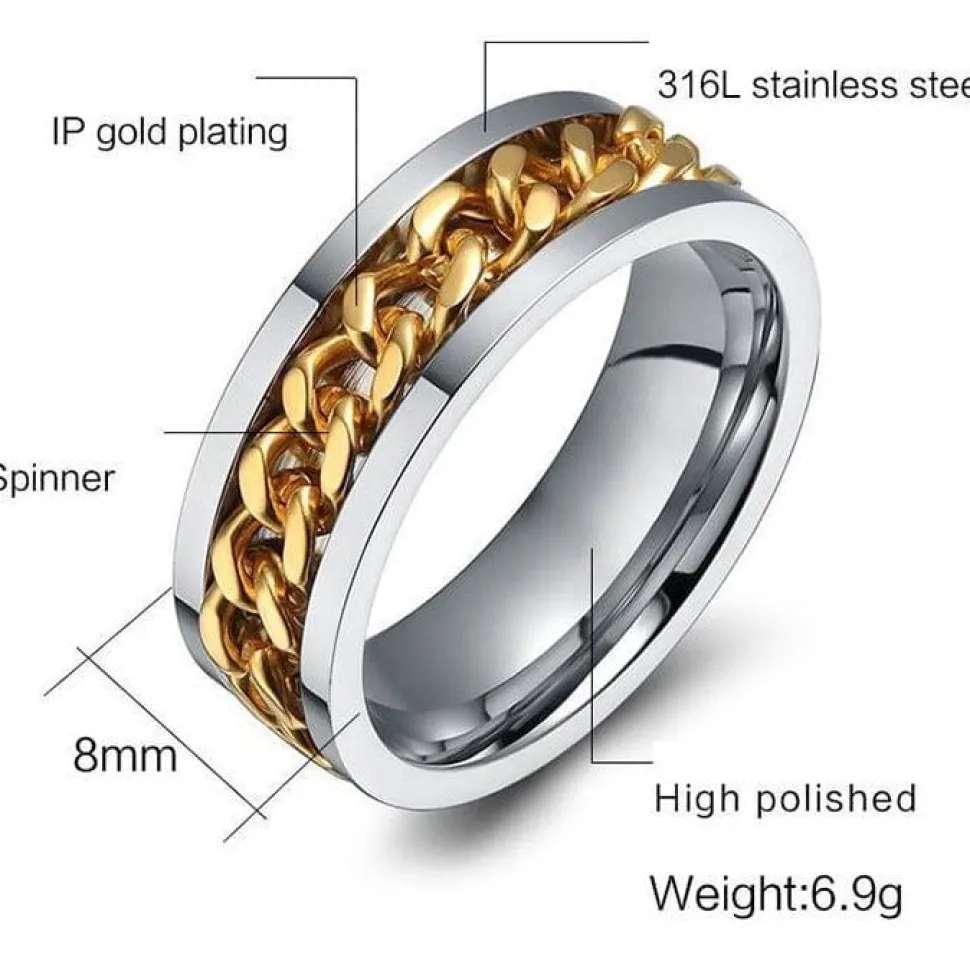 Chain Spinner Ring-Stainless Steel & Titanium Chain Spinner Inset in Gold, Silver or Black Color