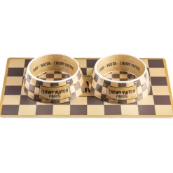 Chewy Vuiton Bowls & Placemat Set Classic Checker or White with Pastels