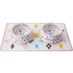 Chewy Vuiton Bowls & Placemat Set Classic Checker or White with Pastels