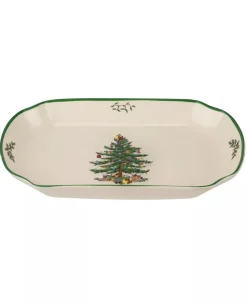 Christmas Tree Rectangular Scalloped Porcelain Tray Machine Washable Imported