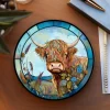 Colorful Highland Cow Ceramic Coaster with Stained Glass Motif Handmade in the USA