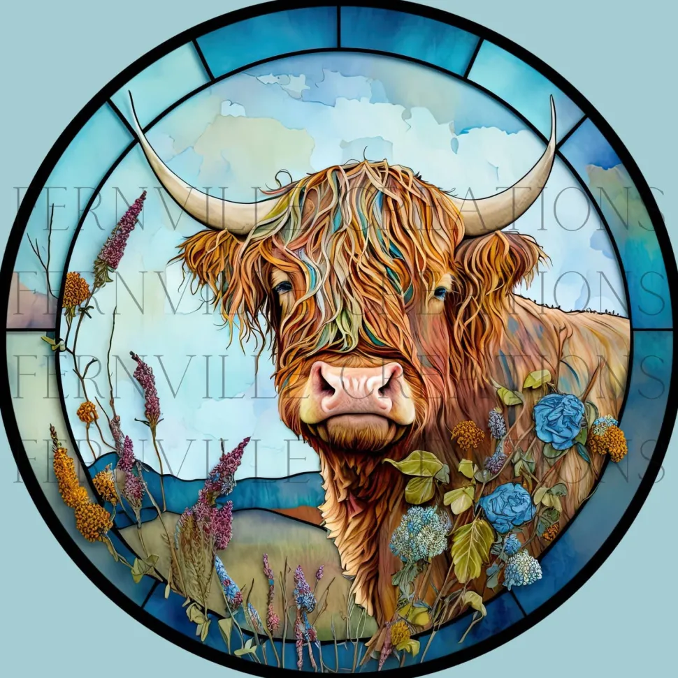 Colorful Highland Cow Ceramic Coaster with Stained Glass Motif Handmade in the USA