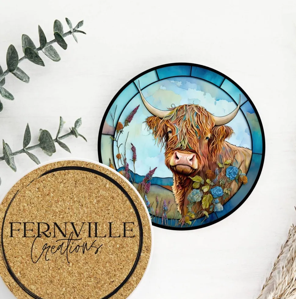Colorful Highland Cow Ceramic Coaster with Stained Glass Motif Handmade in the USA