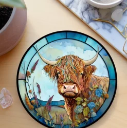 Colorful Highland Cow Ceramic Coaster with Stained Glass Motif Handmade in the USA