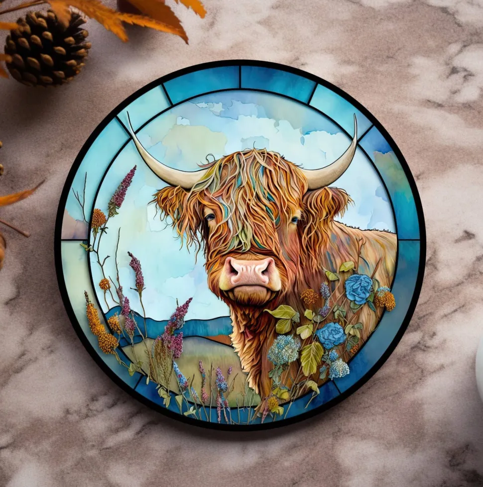 Colorful Highland Cow Ceramic Coaster with Stained Glass Motif Handmade in the USA