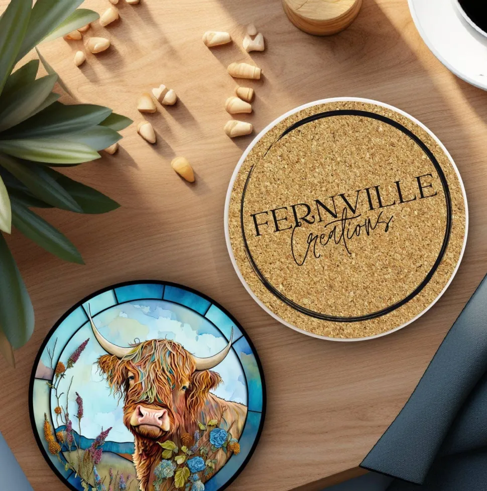 Colorful Highland Cow Ceramic Coaster with Stained Glass Motif Handmade in the USA