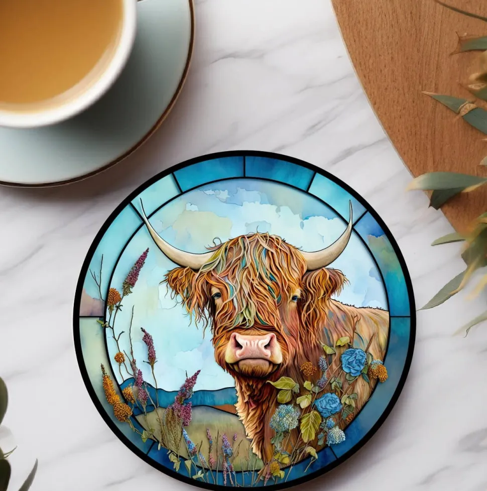 Colorful Highland Cow Ceramic Coaster with Stained Glass Motif Handmade in the USA