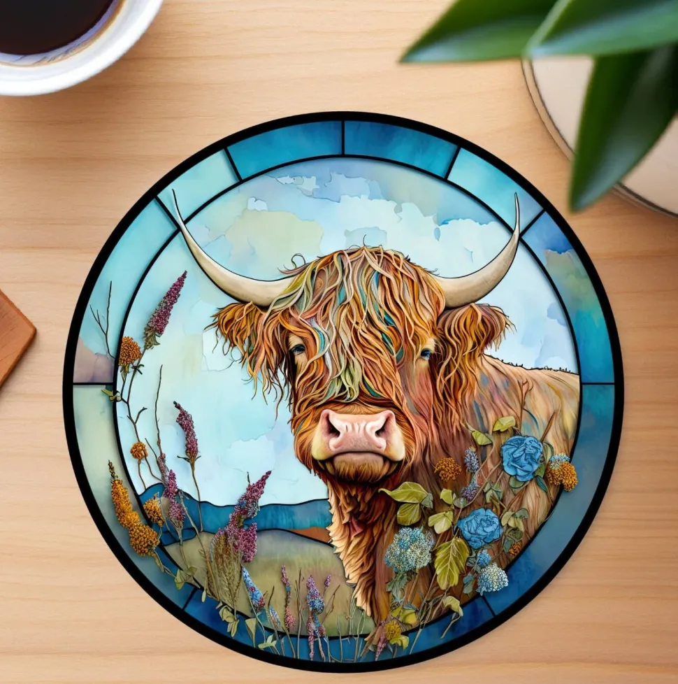 Colorful Highland Cow Ceramic Coaster with Stained Glass Motif Handmade in the USA