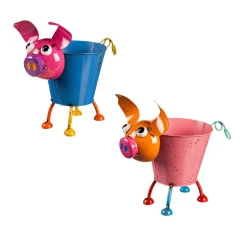 Colorful Metal Pig or Rooster Planter 2 Asst