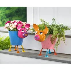 Colorful Metal Pig or Rooster Planter 2 Asst