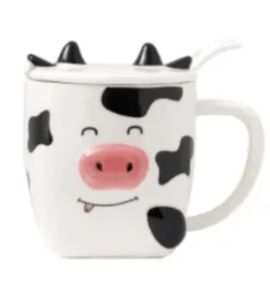 Cow Ceramic Coffee Mug with Lid and Spoon