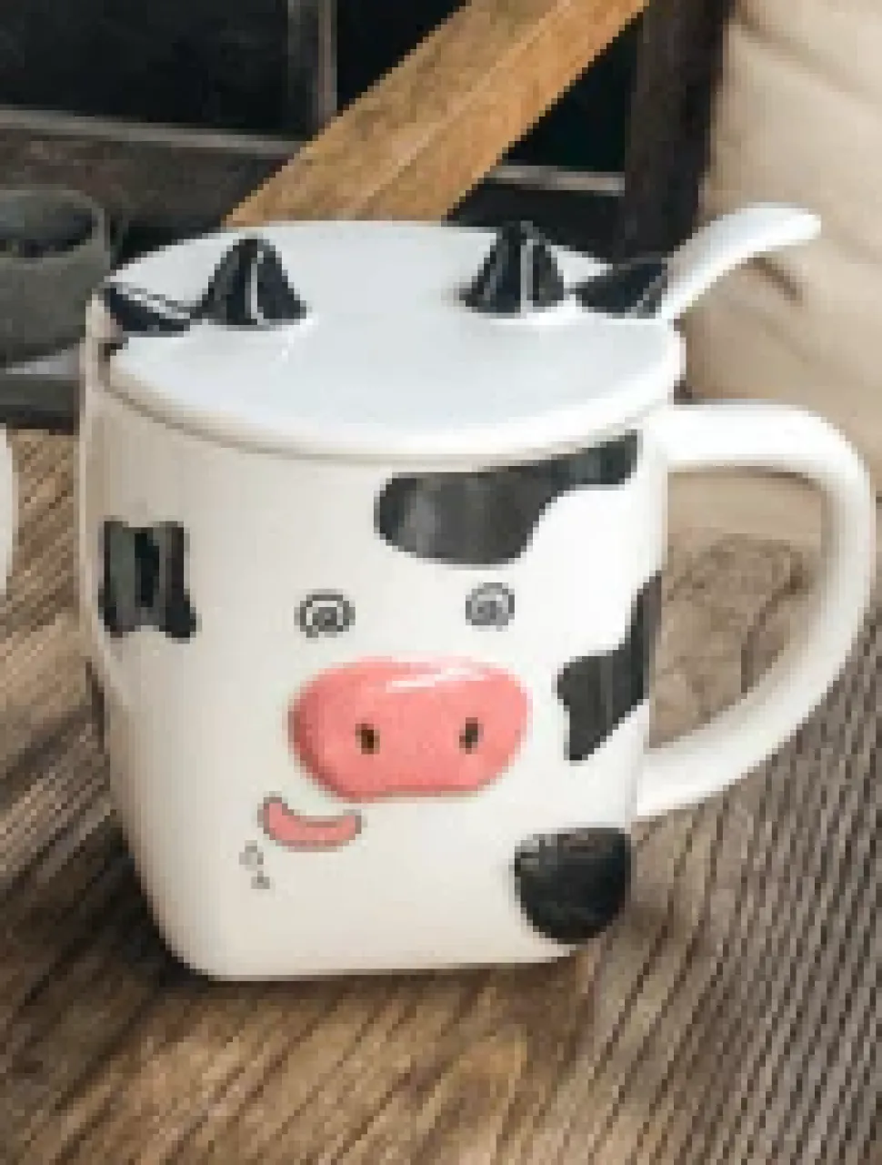 Cow Ceramic Coffee Mug with Lid and Spoon