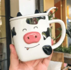 Cow Ceramic Coffee Mug with Lid and Spoon
