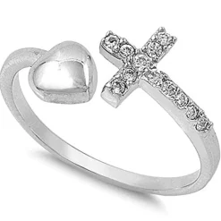 Cross & Heart .925 Sterling Silver Ring Adjustable Sizing