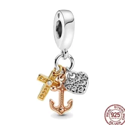 Cross, Anchor, Heart Tri-Color Charm Pandora Style Sterling Silver Christian Bracelet