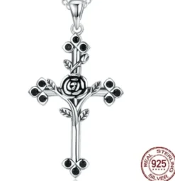 Cross with Rose Black CZ Oxidized Sterling Silver Unique